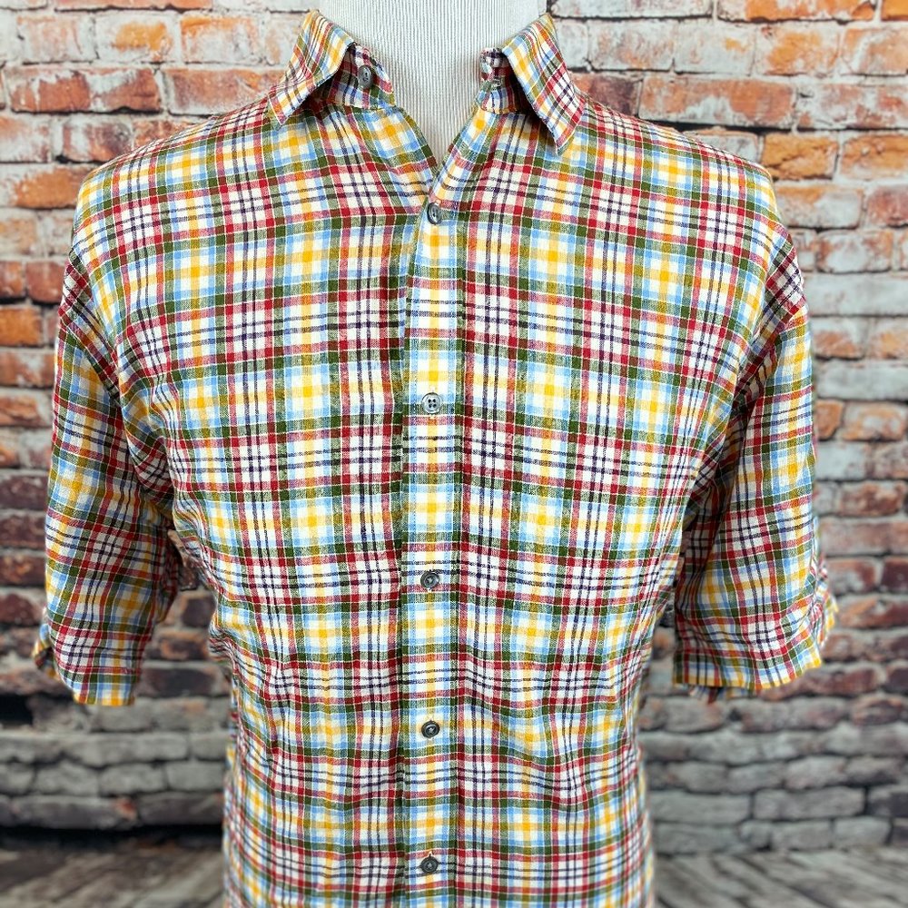 Alan Flusser Orange Red Green Plaid Linen Shirt L